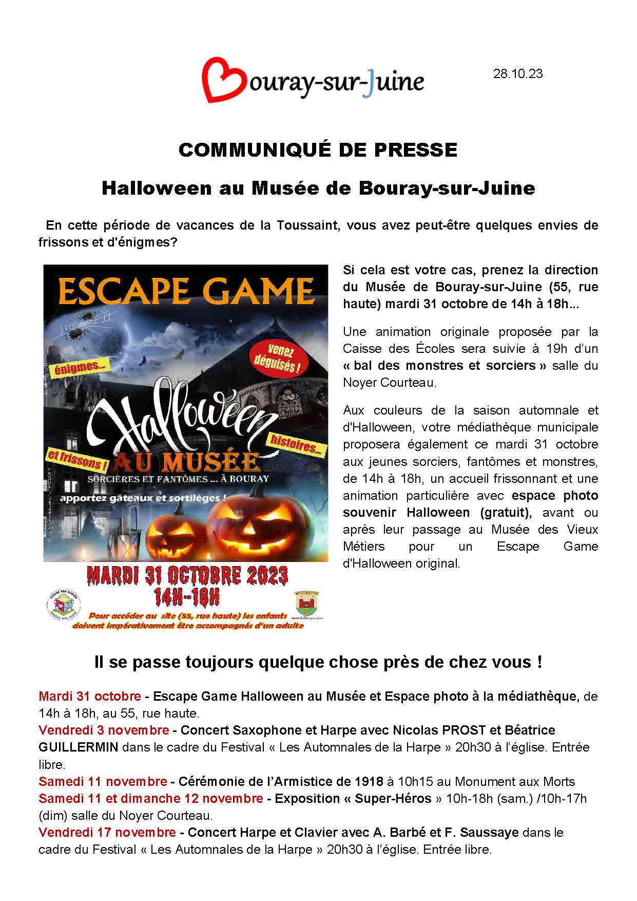 20231028 communiqué presse Escape Game Halloween au Musée de Bouray 