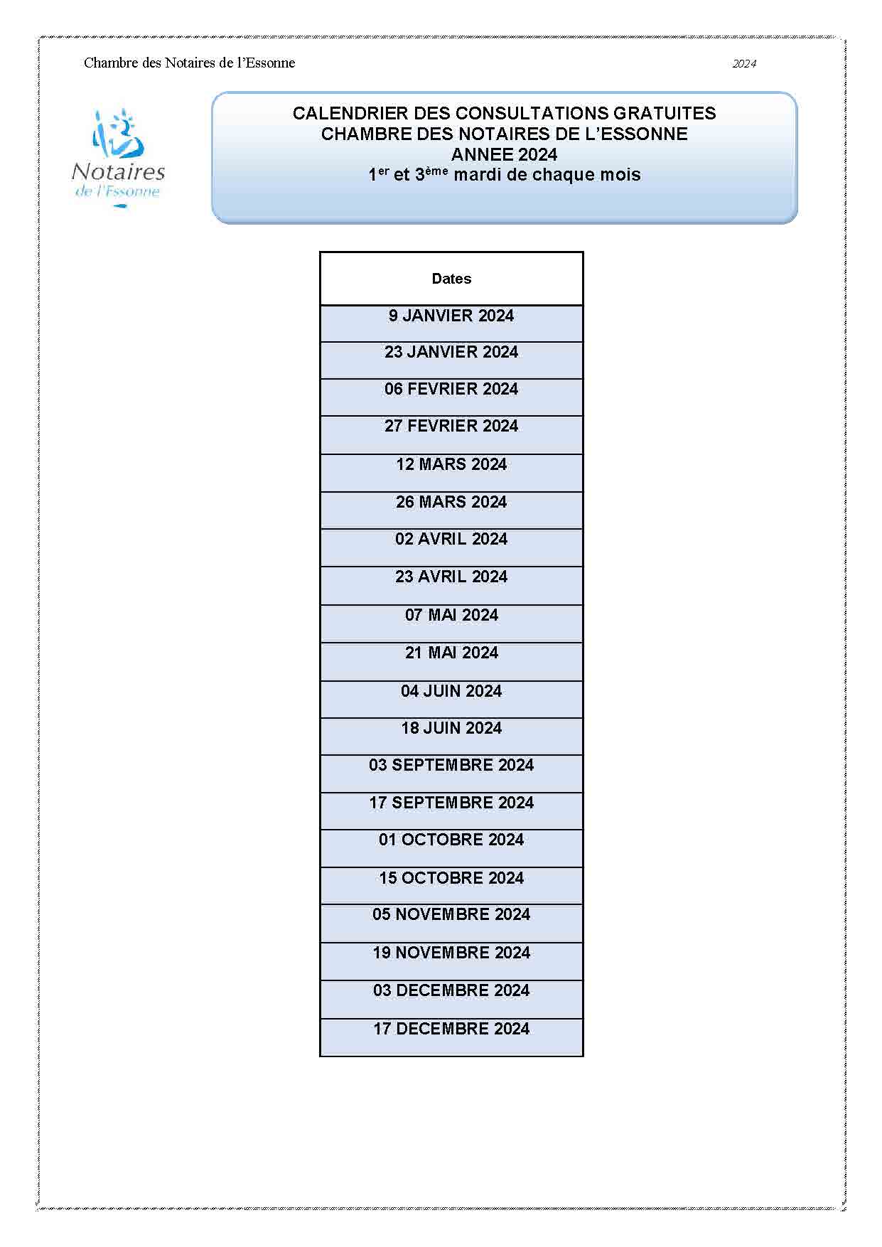 calendrier Chambre 2024 dates